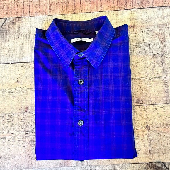7 For All Mankind Blue Plaid Men's Dress Shirt Medium Cotton Plain Front - Picture 3 of 8
